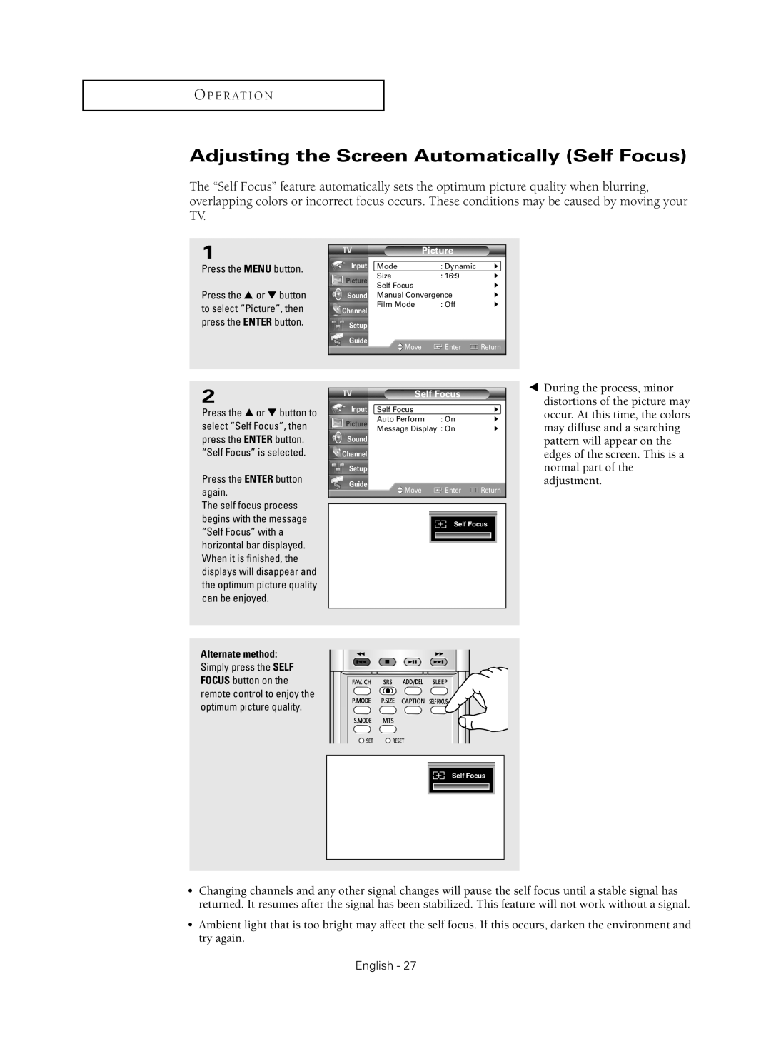 Samsung HC-S4755W manual Adjusting the Screen Automatically Self Focus, Press the Menu button, Press the Enter button again 