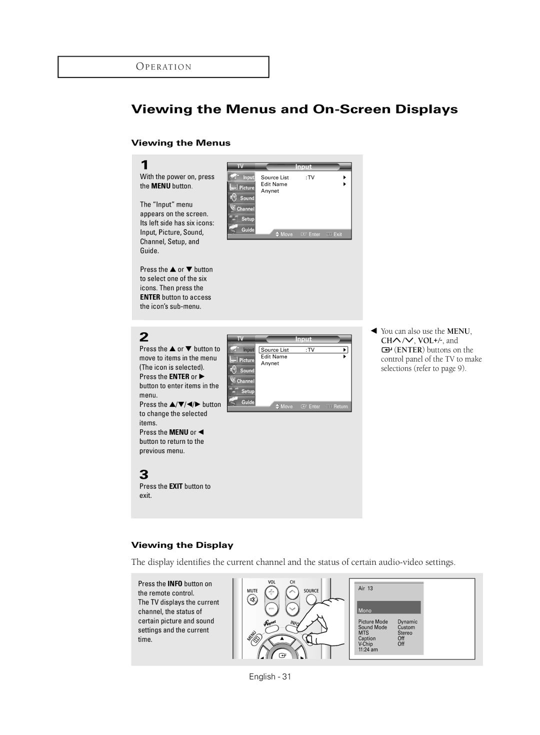 Samsung HC-S4755W manual Viewing the Menus and On-Screen Displays, Viewing the Display 