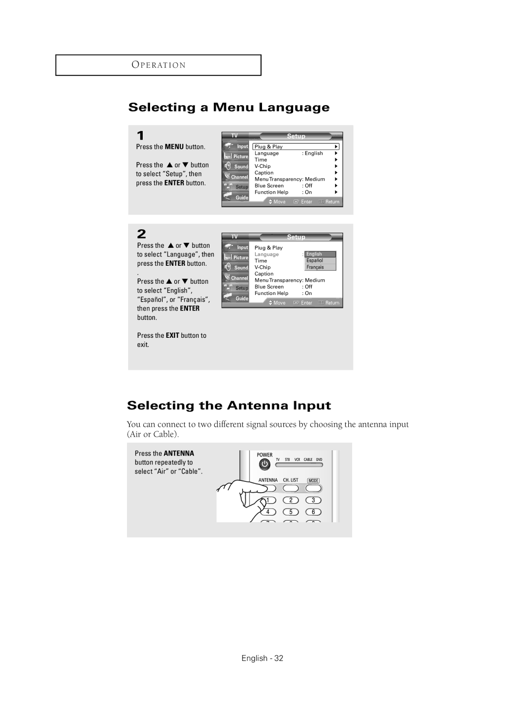 Samsung HC-S4755W manual Selecting a Menu Language, Selecting the Antenna Input, Setup 