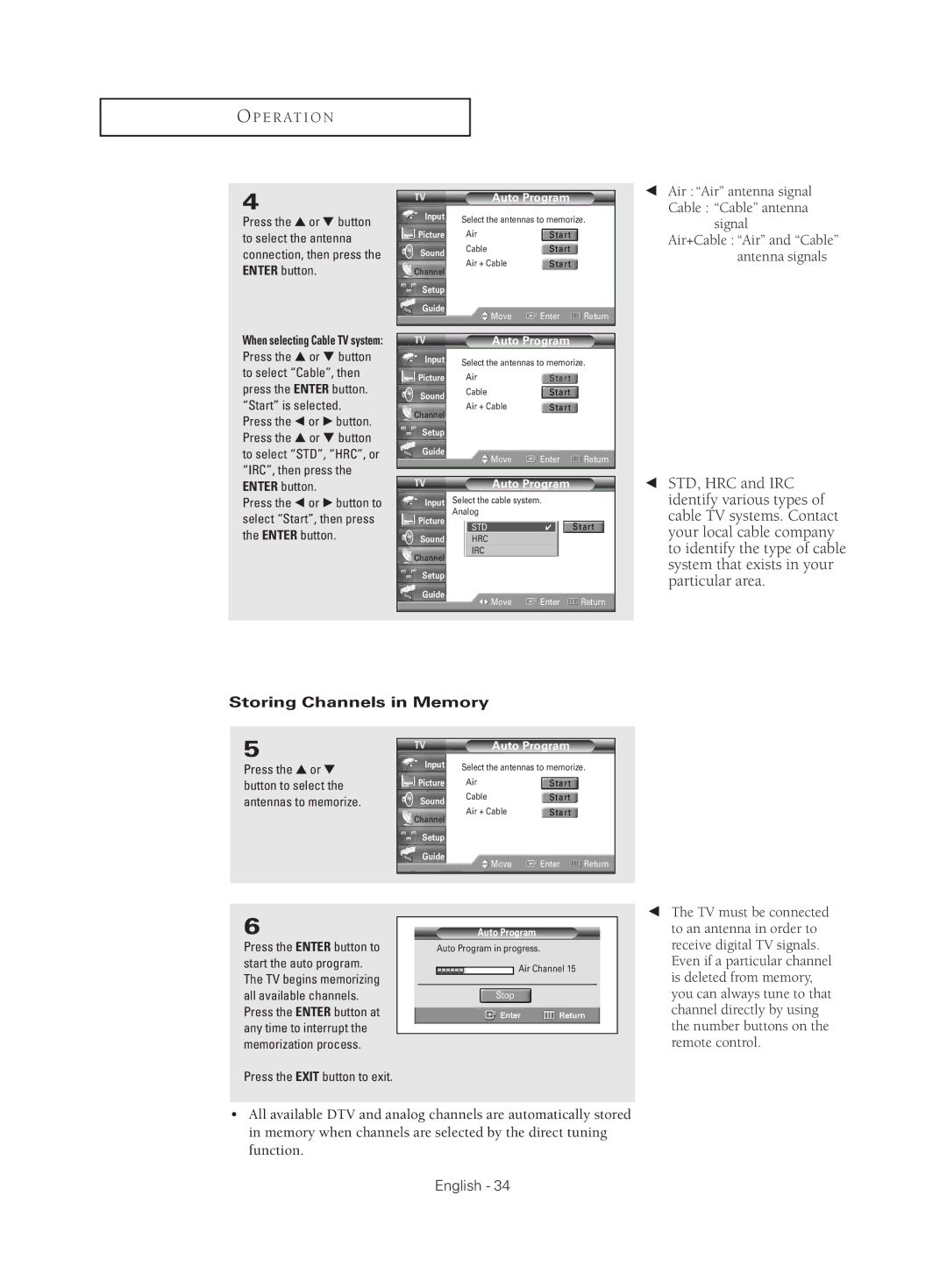 Samsung HC-S4755W manual Air Air antenna signal Cable Cable antenna signal, Storing Channels in Memory 