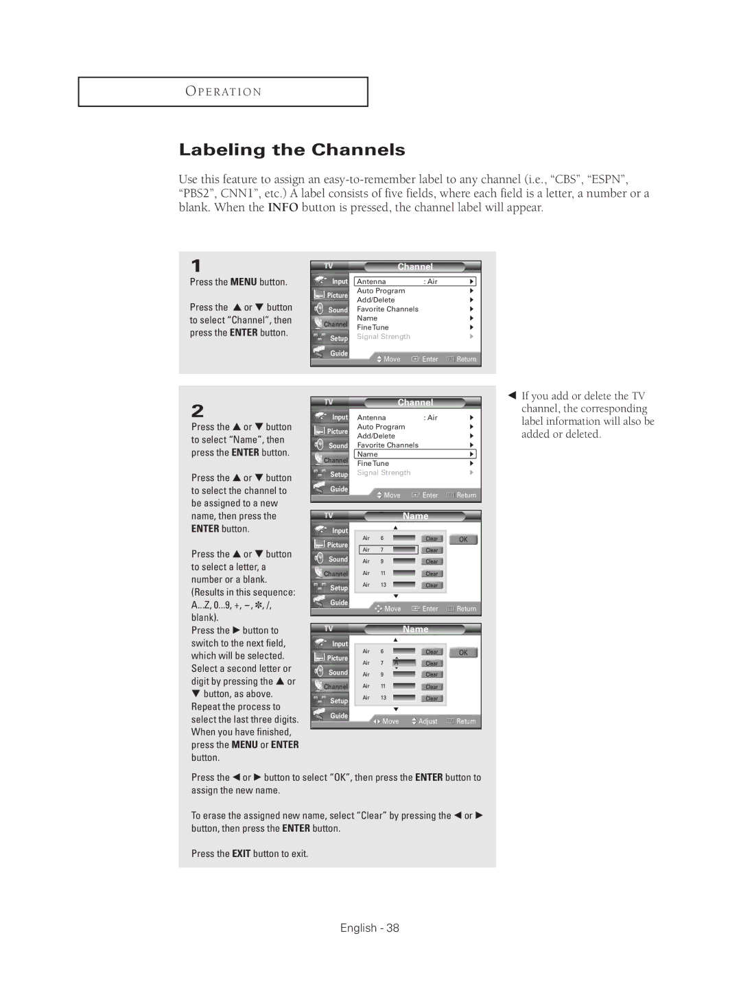 Samsung HC-S4755W manual Labeling the Channels, Name 