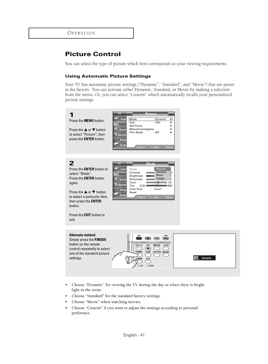 Samsung HC-S4755W manual Picture Control, Using Automatic Picture Settings, Mode 