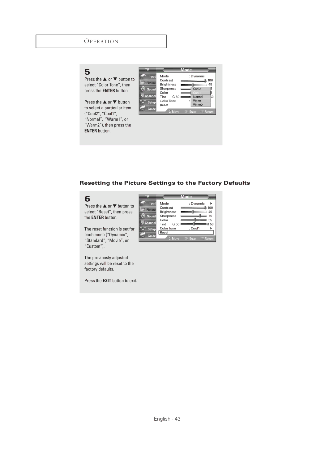 Samsung HC-S4755W manual Resetting the Picture Settings to the Factory Defaults 