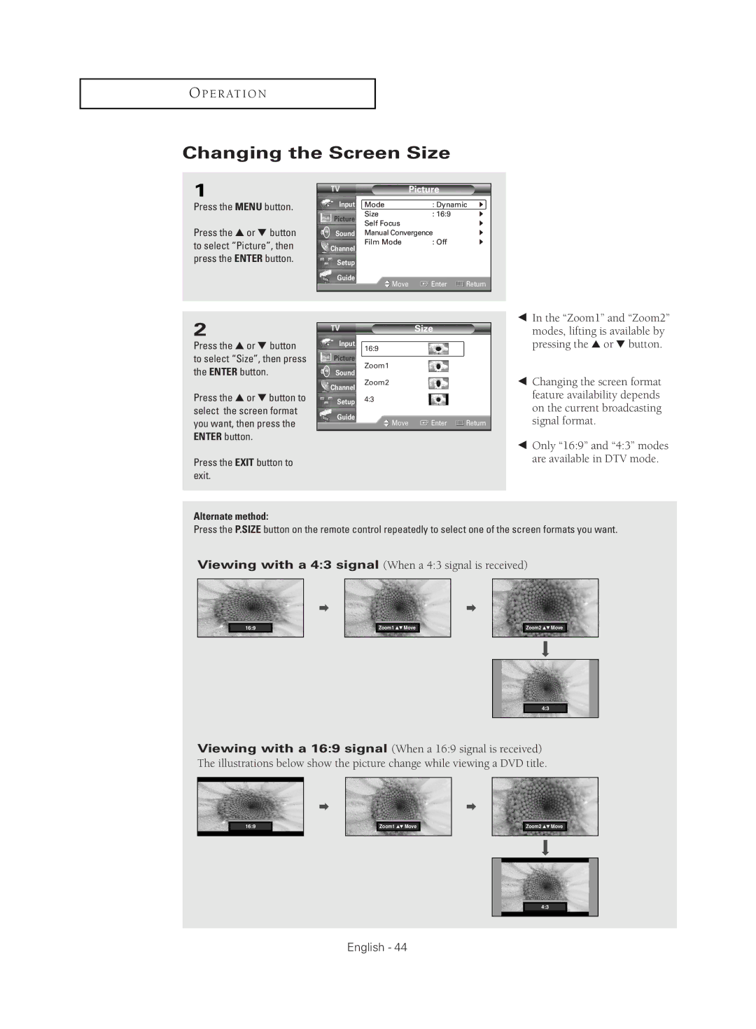 Samsung HC-S4755W manual Changing the Screen Size 