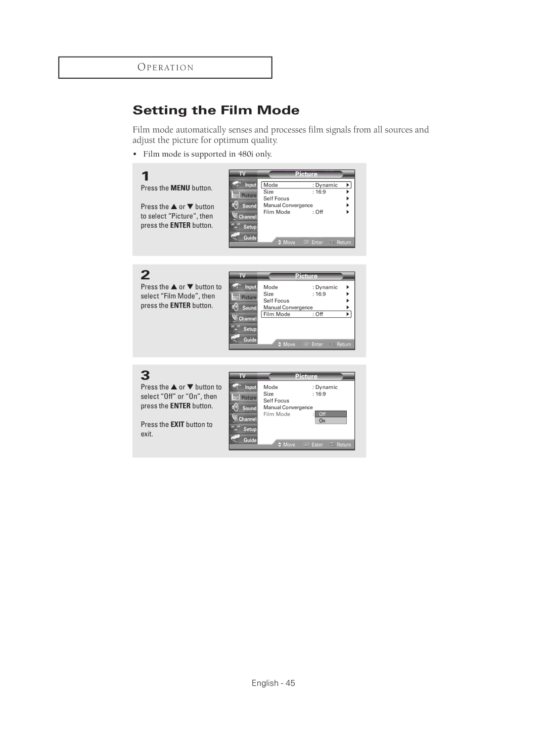 Samsung HC-S4755W manual Setting the Film Mode, Film mode is supported in 480i only 