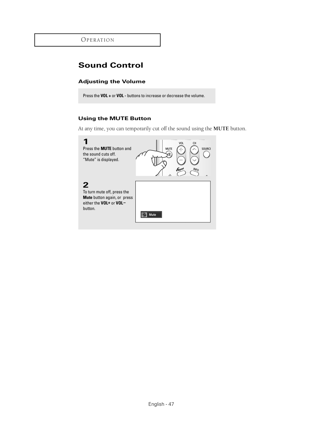 Samsung HC-S4755W manual Sound Control, Adjusting the Volume, Using the Mute Button 