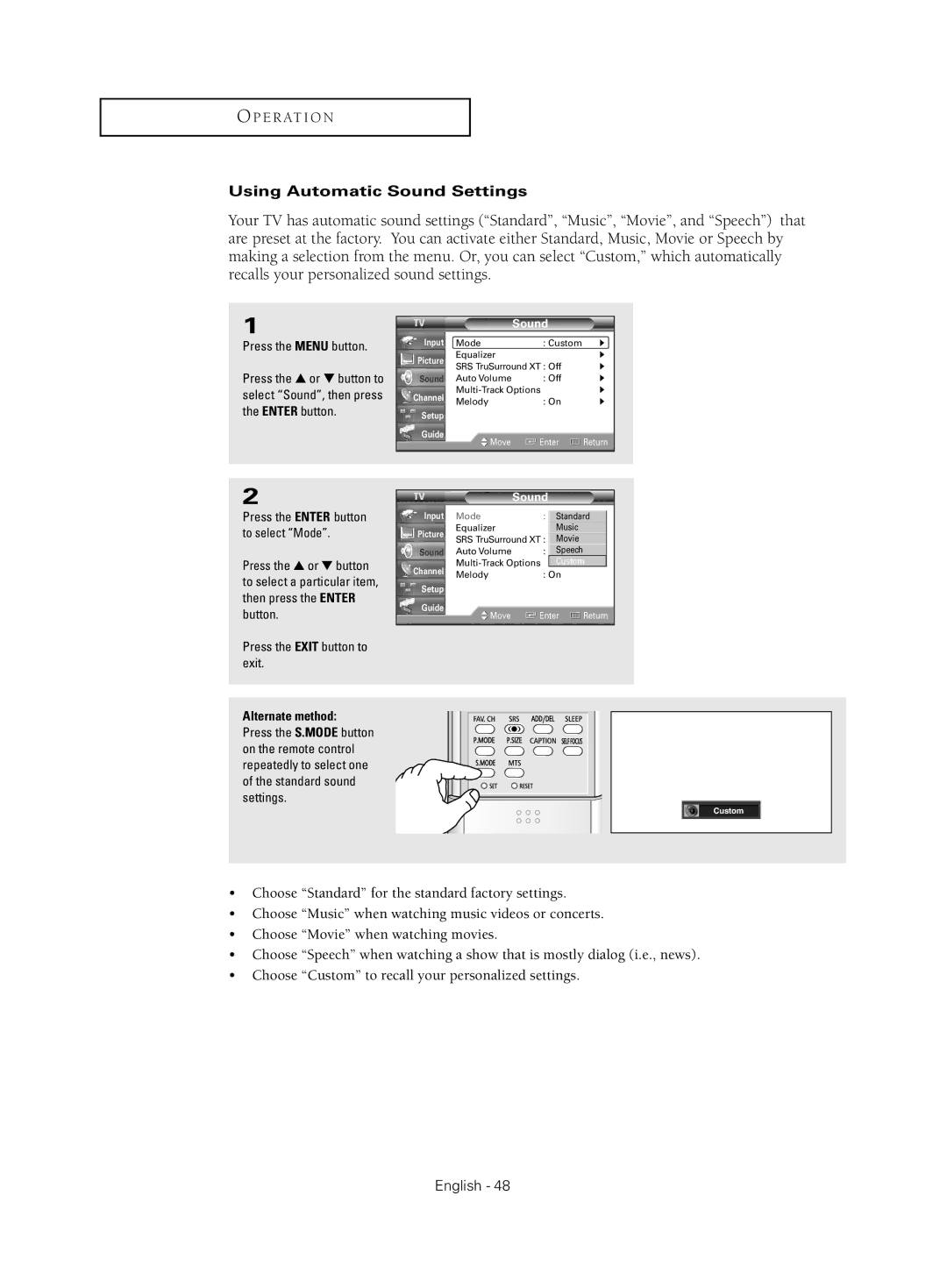 Samsung HC-S4755W manual Using Automatic Sound Settings 