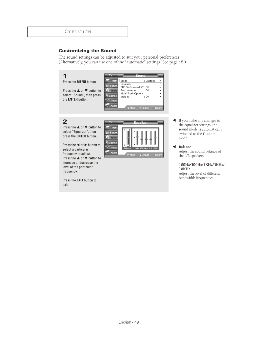 Samsung HC-S4755W manual Customizing the Sound, Adjust the sound balance of the L/R speakers, Equalizer 