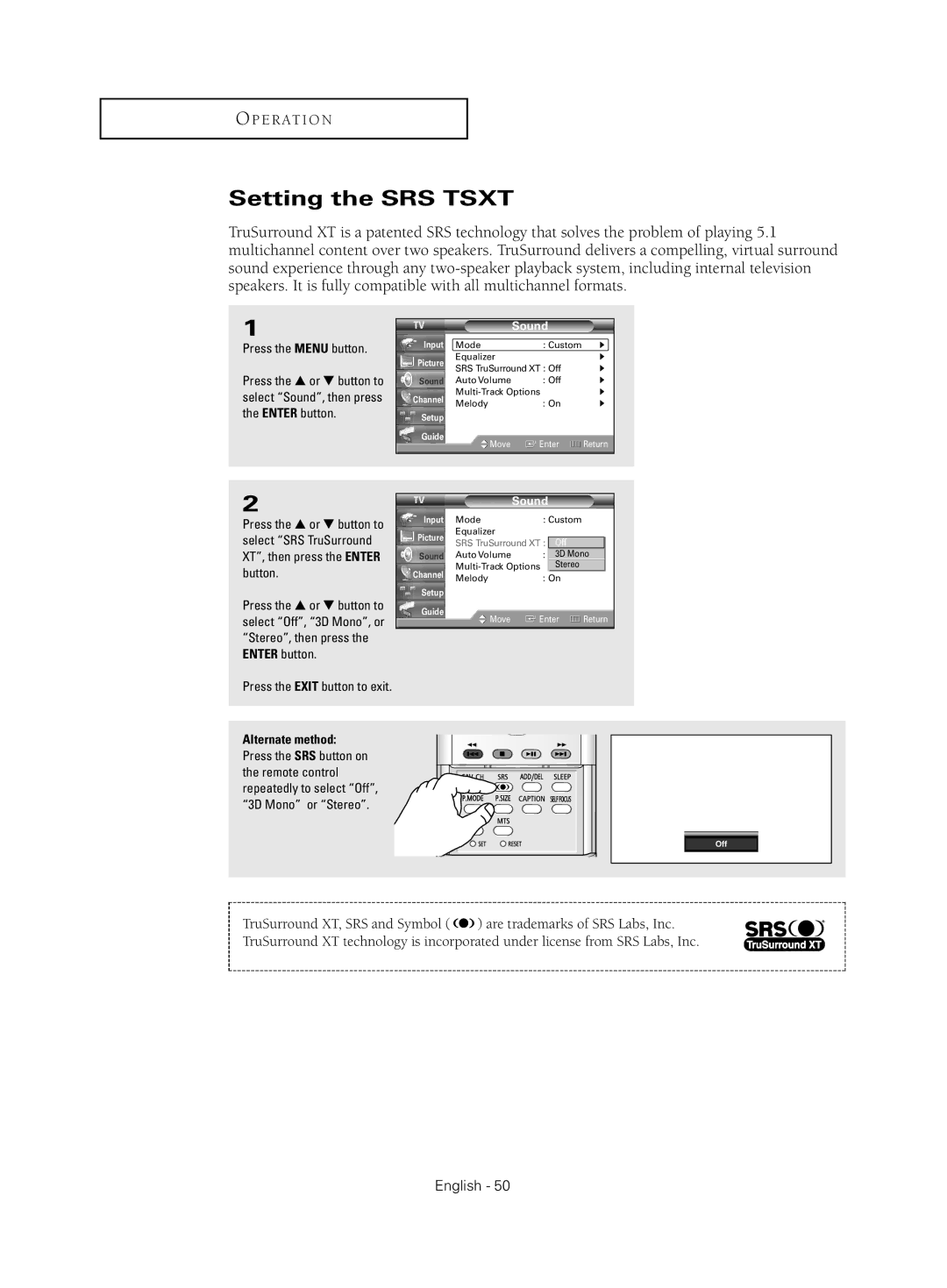 Samsung HC-S4755W manual Setting the SRS Tsxt 