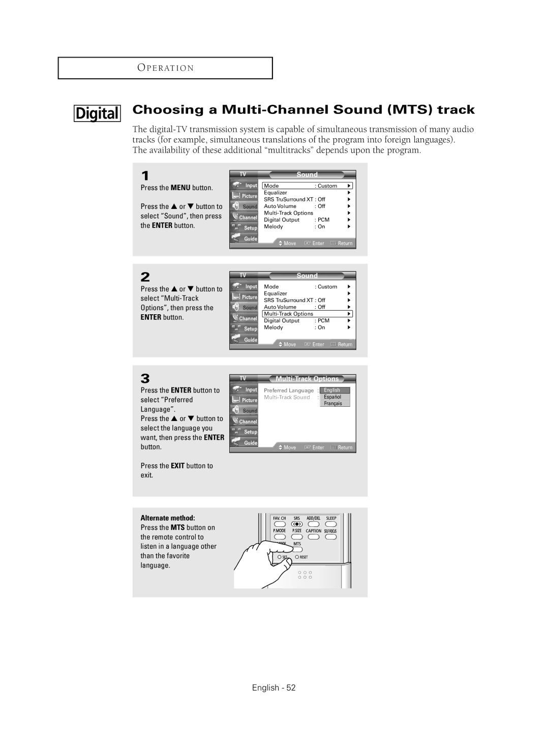 Samsung HC-S4755W manual Choosing a Multi-Channel Sound MTS track, Press the Enter button to, Multi-Track Options 