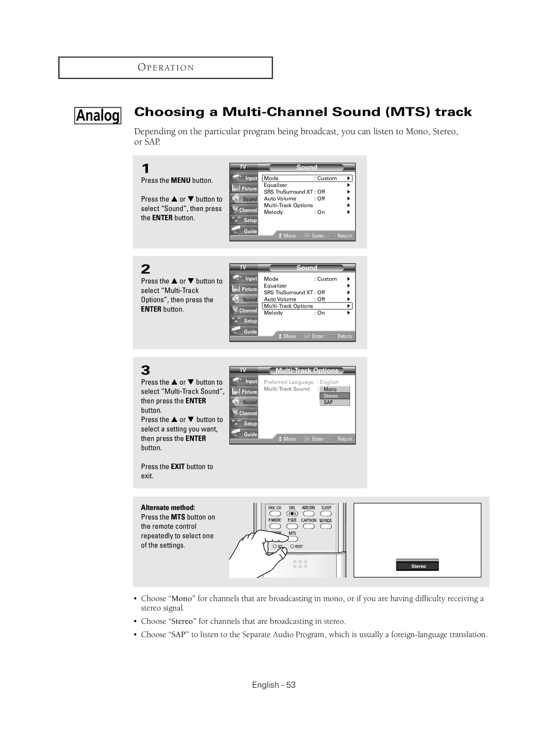 Samsung HC-S4755W manual Press the … or † button to, Select Multi-Track Sound 