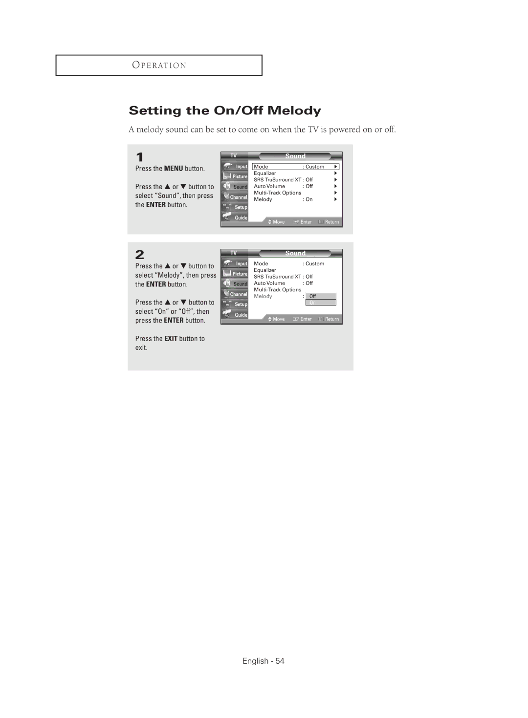 Samsung HC-S4755W manual Setting the On/Off Melody 