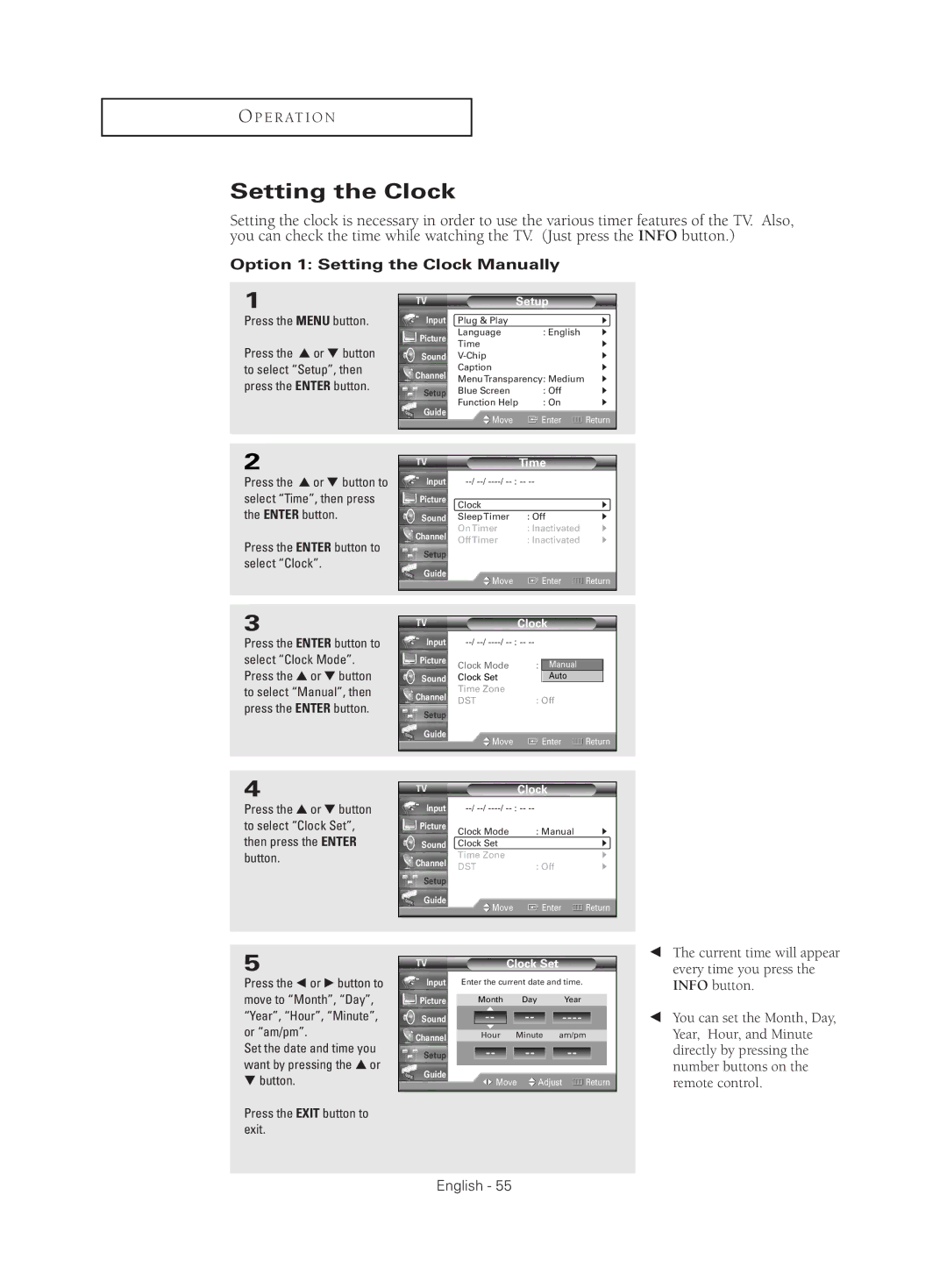 Samsung HC-S4755W manual Option 1 Setting the Clock Manually, † button Press the Exit button to exit 