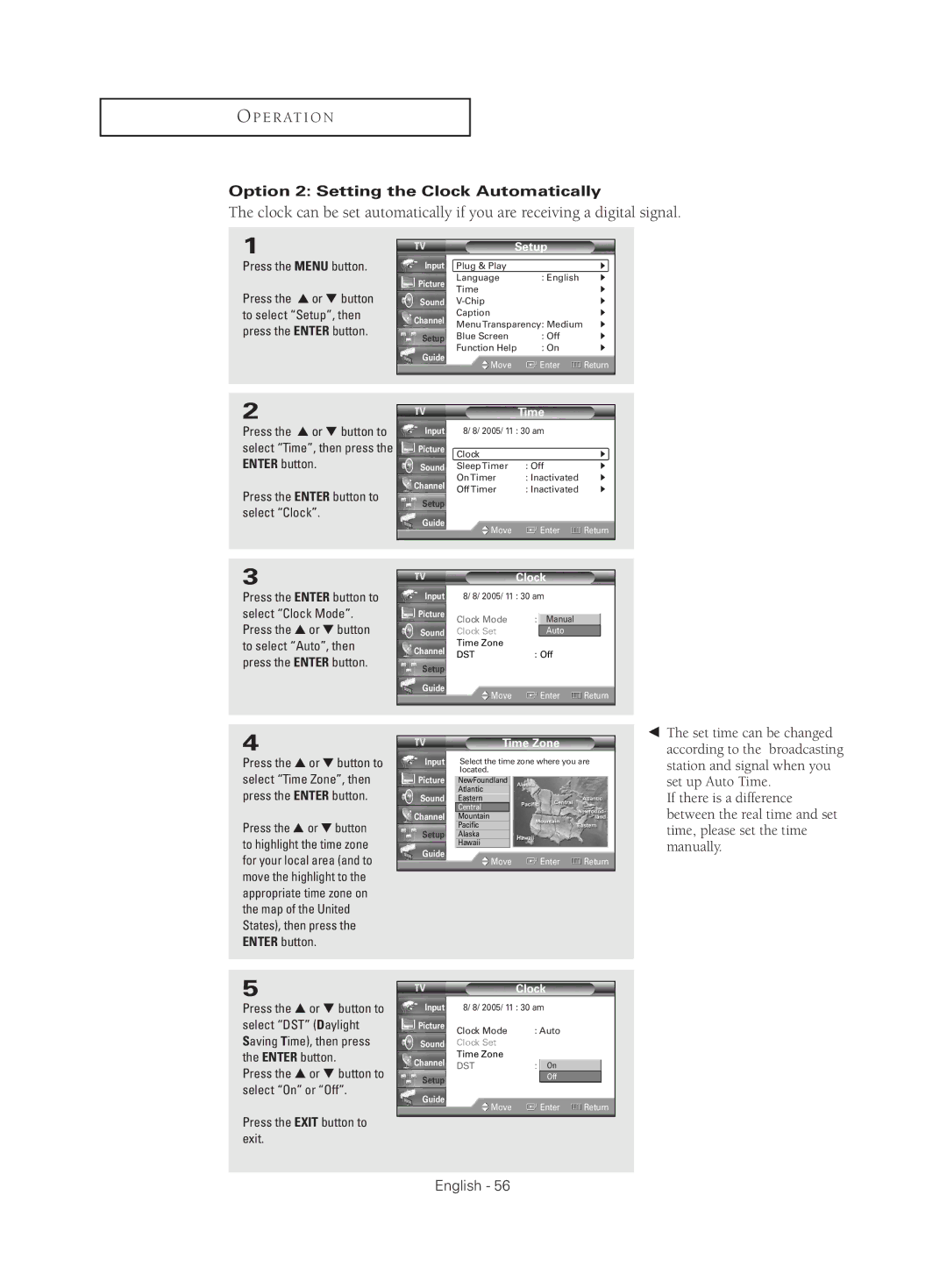 Samsung HC-S4755W manual Option 2 Setting the Clock Automatically, Time Zone 
