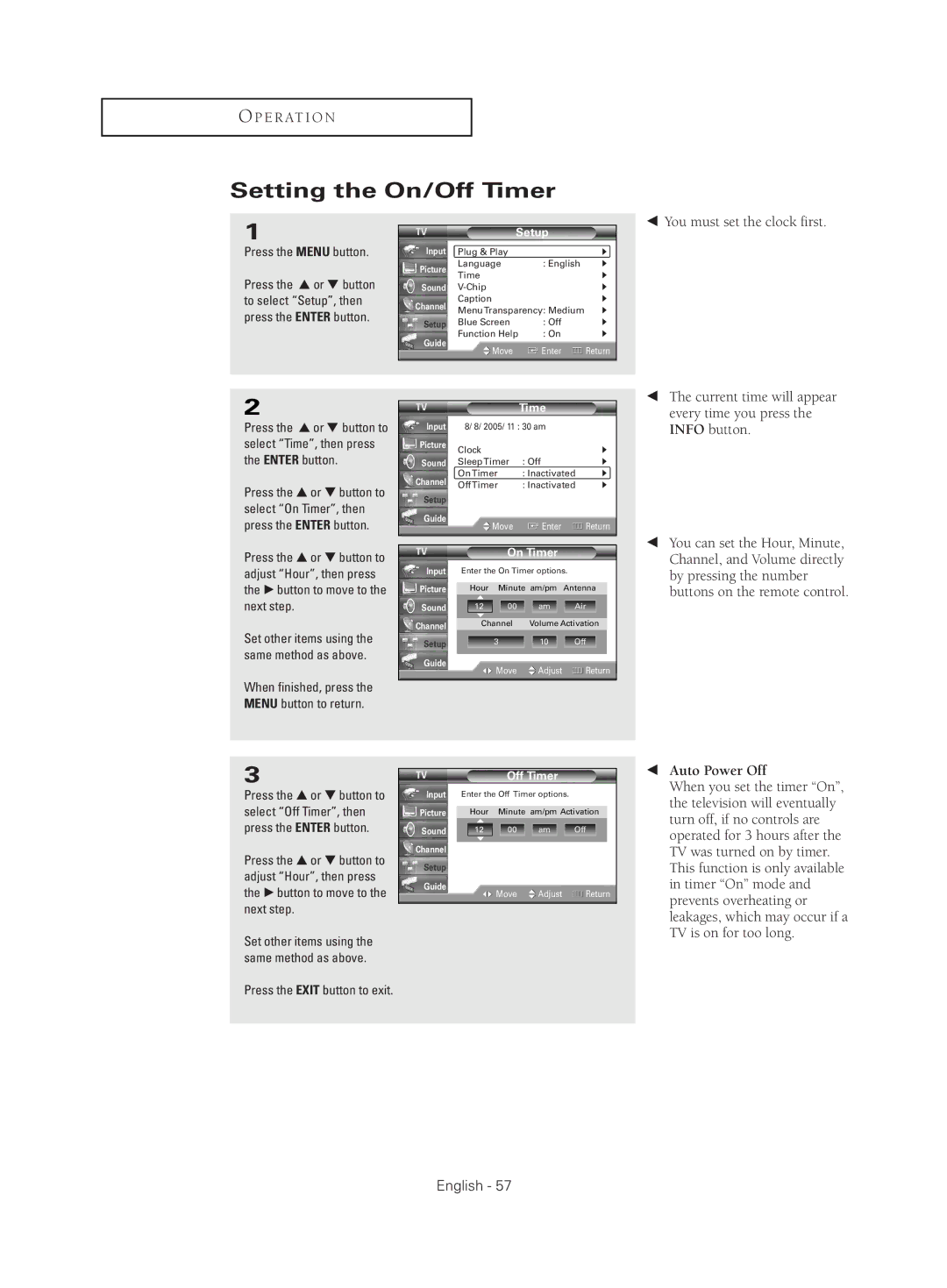 Samsung HC-S4755W manual Setting the On/Off Timer, You must set the clock first, On Timer 