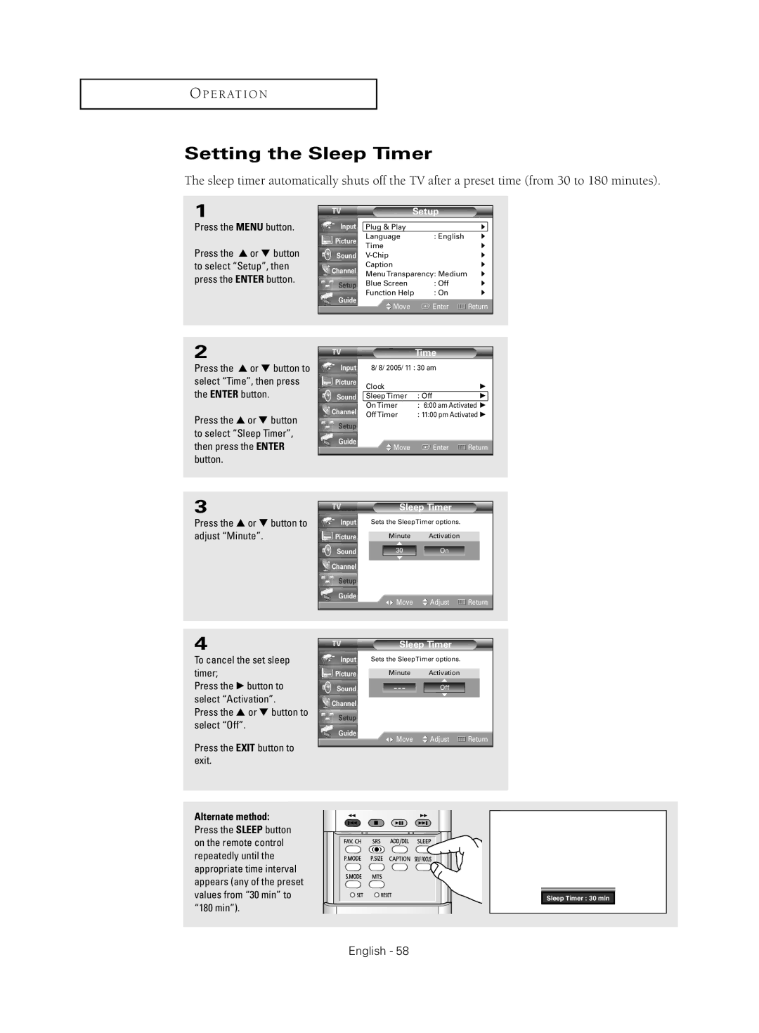 Samsung HC-S4755W manual Setting the Sleep Timer 