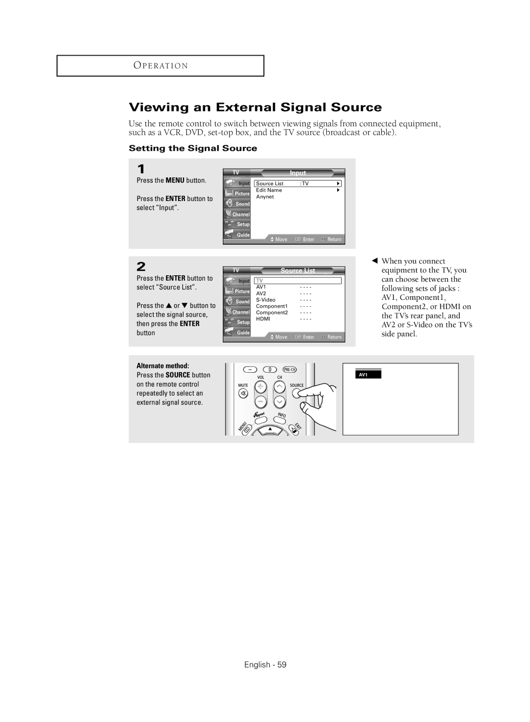 Samsung HC-S4755W manual Viewing an External Signal Source, Setting the Signal Source, Source List 