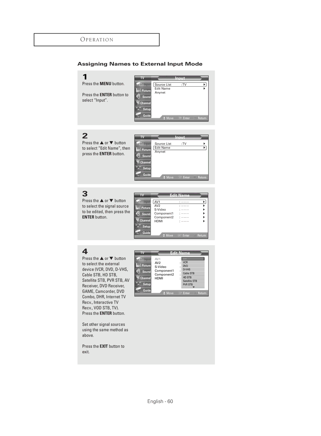 Samsung HC-S4755W manual Assigning Names to External Input Mode, Edit Name 