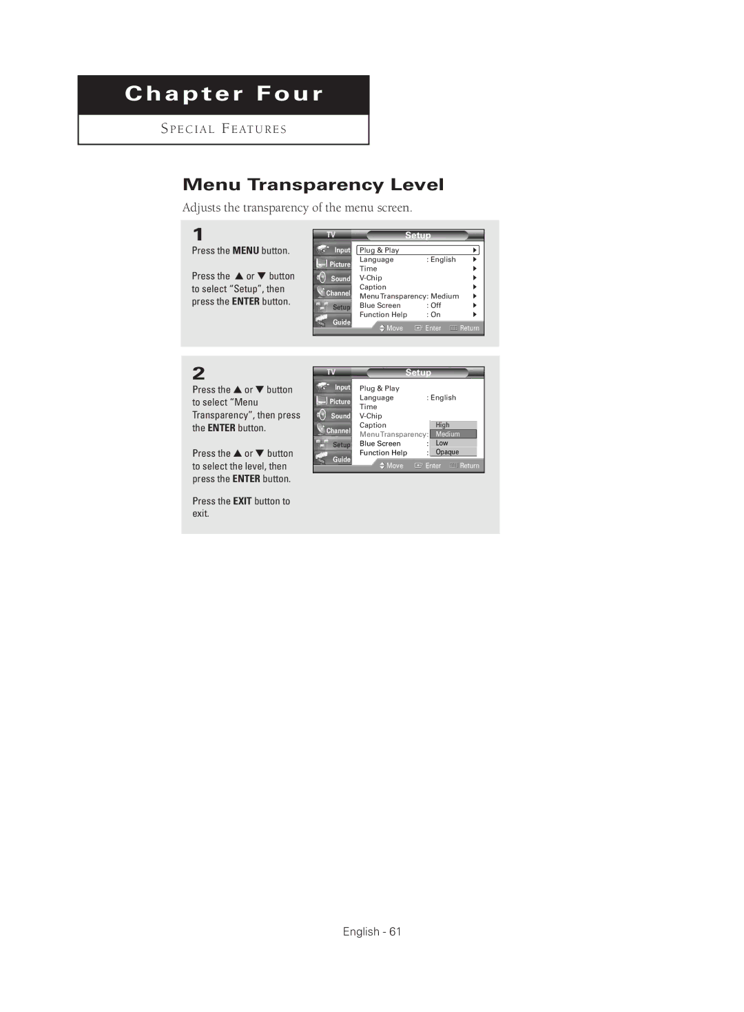 Samsung HC-S4755W manual Chapter Four, Menu Transparency Level 