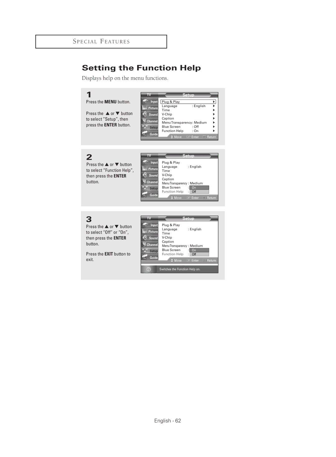 Samsung HC-S4755W manual Setting the Function Help, Displays help on the menu functions 