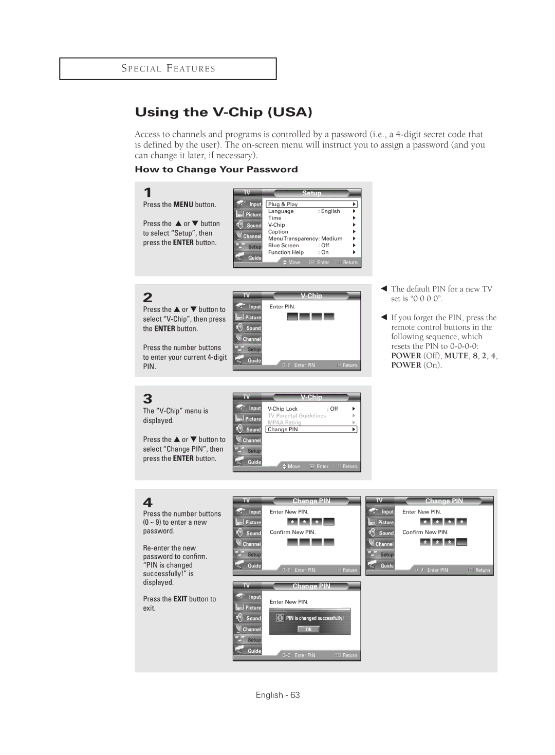 Samsung HC-S4755W manual Using the V-Chip USA, How to Change Your Password, V-Chip menu is displayed 