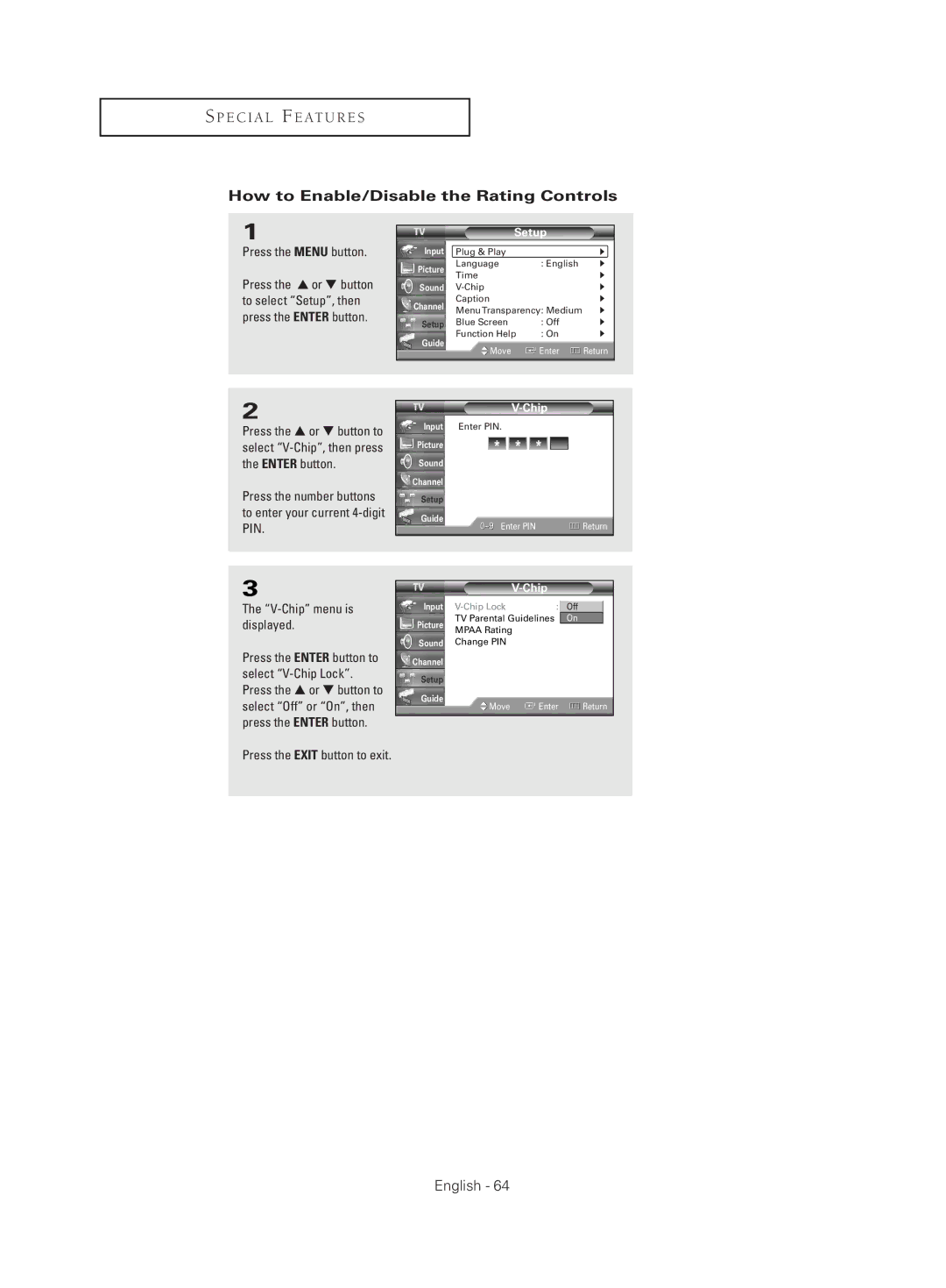 Samsung HC-S4755W manual How to Enable/Disable the Rating Controls 