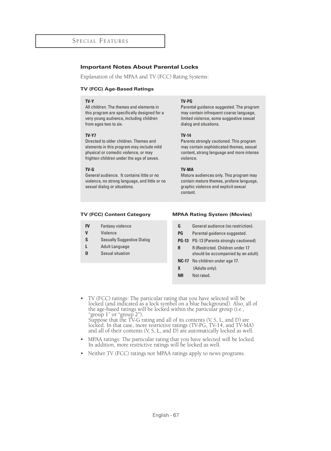 Samsung HC-S4755W manual Important Notes About Parental Locks, General audience no restriction 