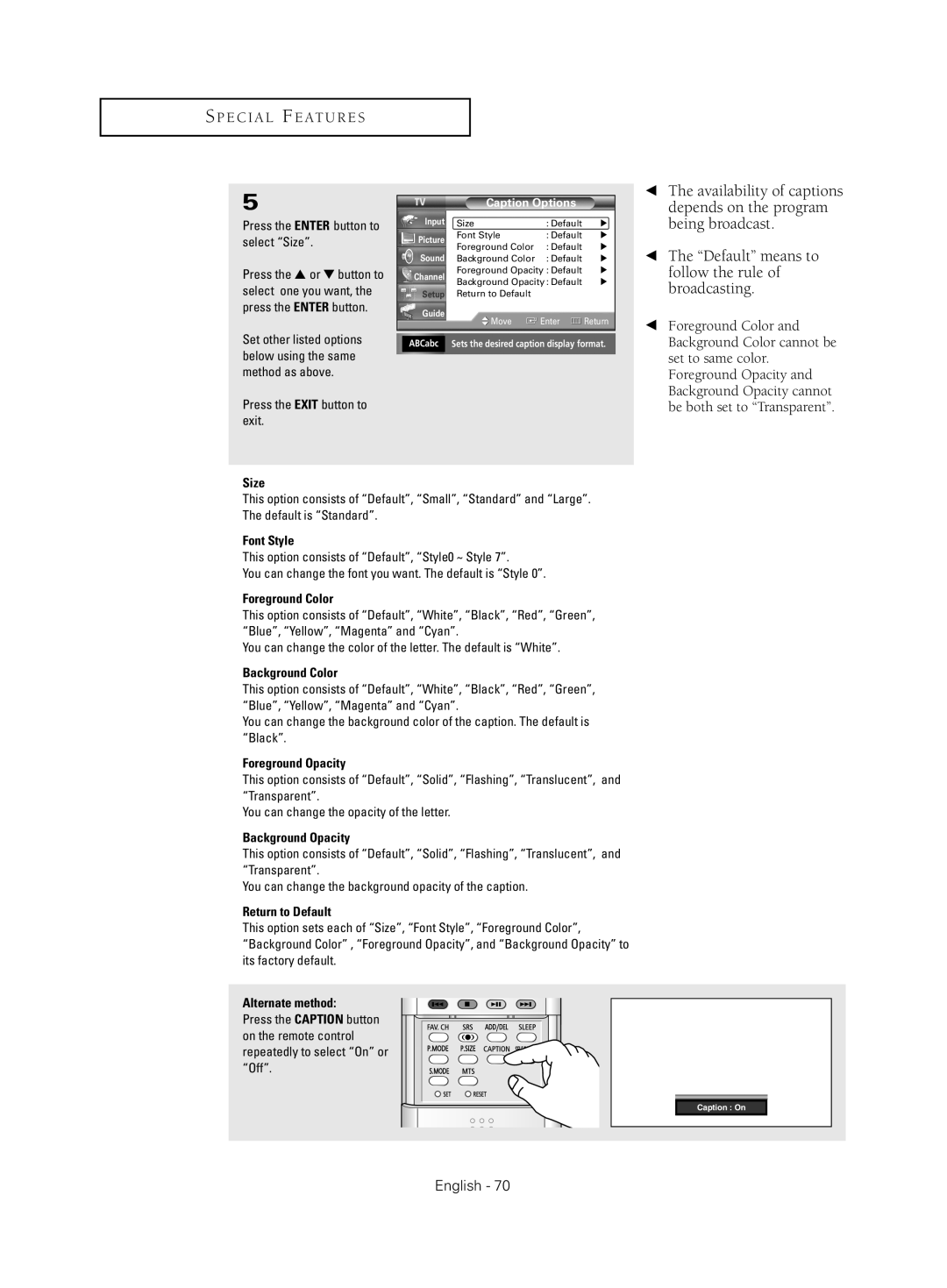 Samsung HC-S4755W manual Press the Enter button to select Size, Caption Options 