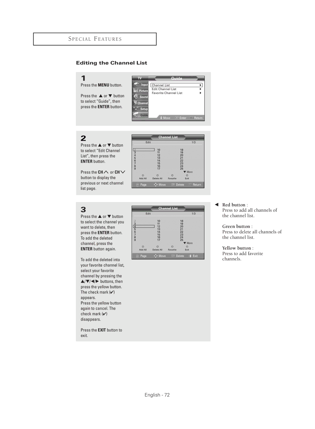 Samsung HC-S4755W manual Editing the Channel List, Press to add all channels of the channel list 