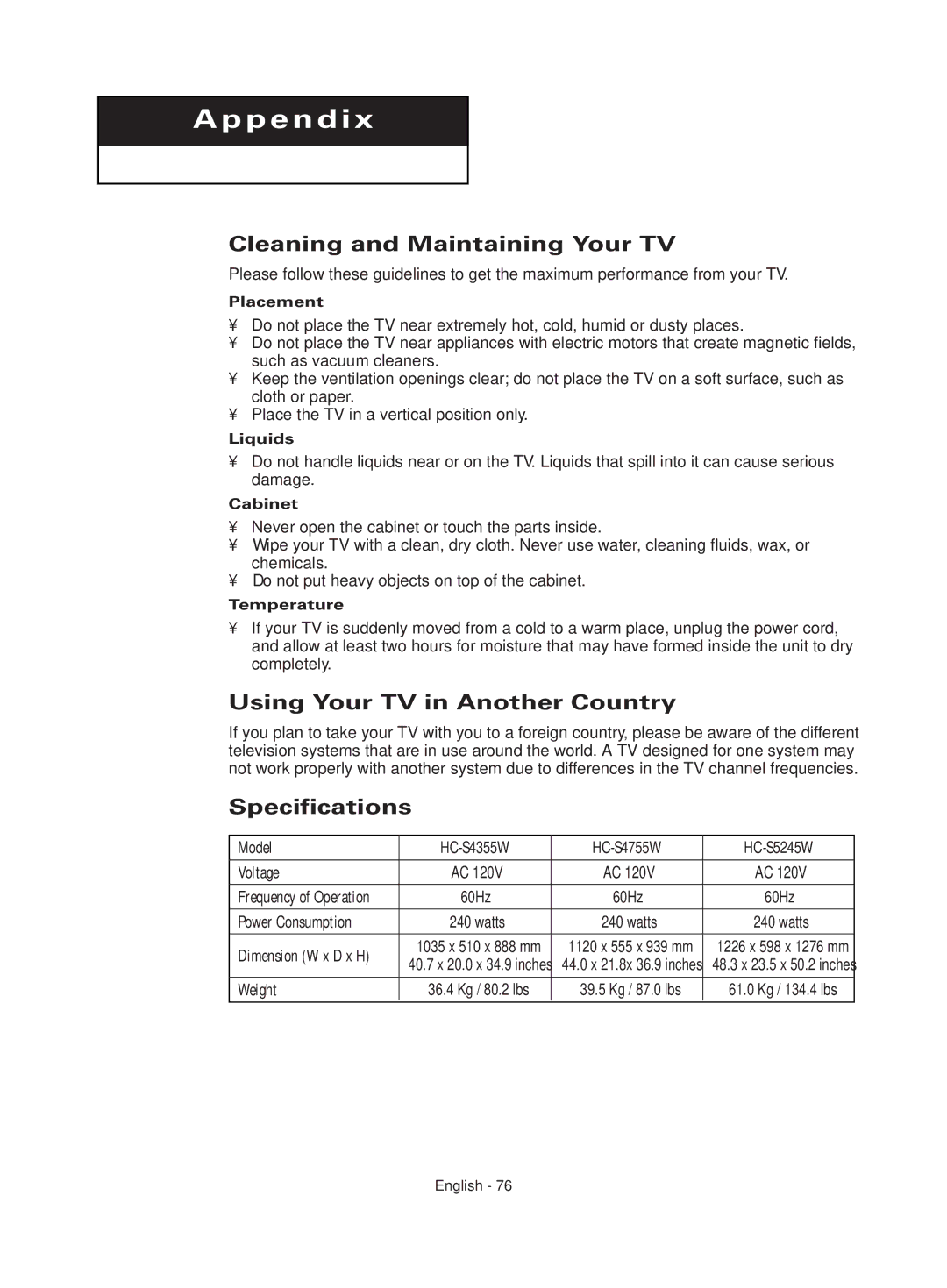 Samsung HC-S4755W manual Cleaning and Maintaining Your TV, Using Your TV in Another Country, Specifications 