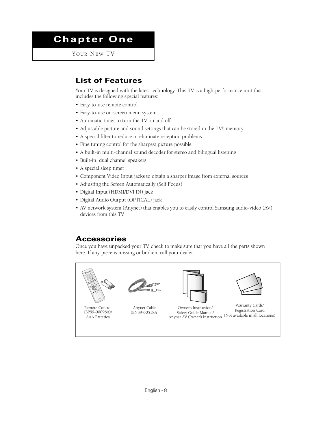 Samsung HC-S4755W manual List of Features, Accessories 