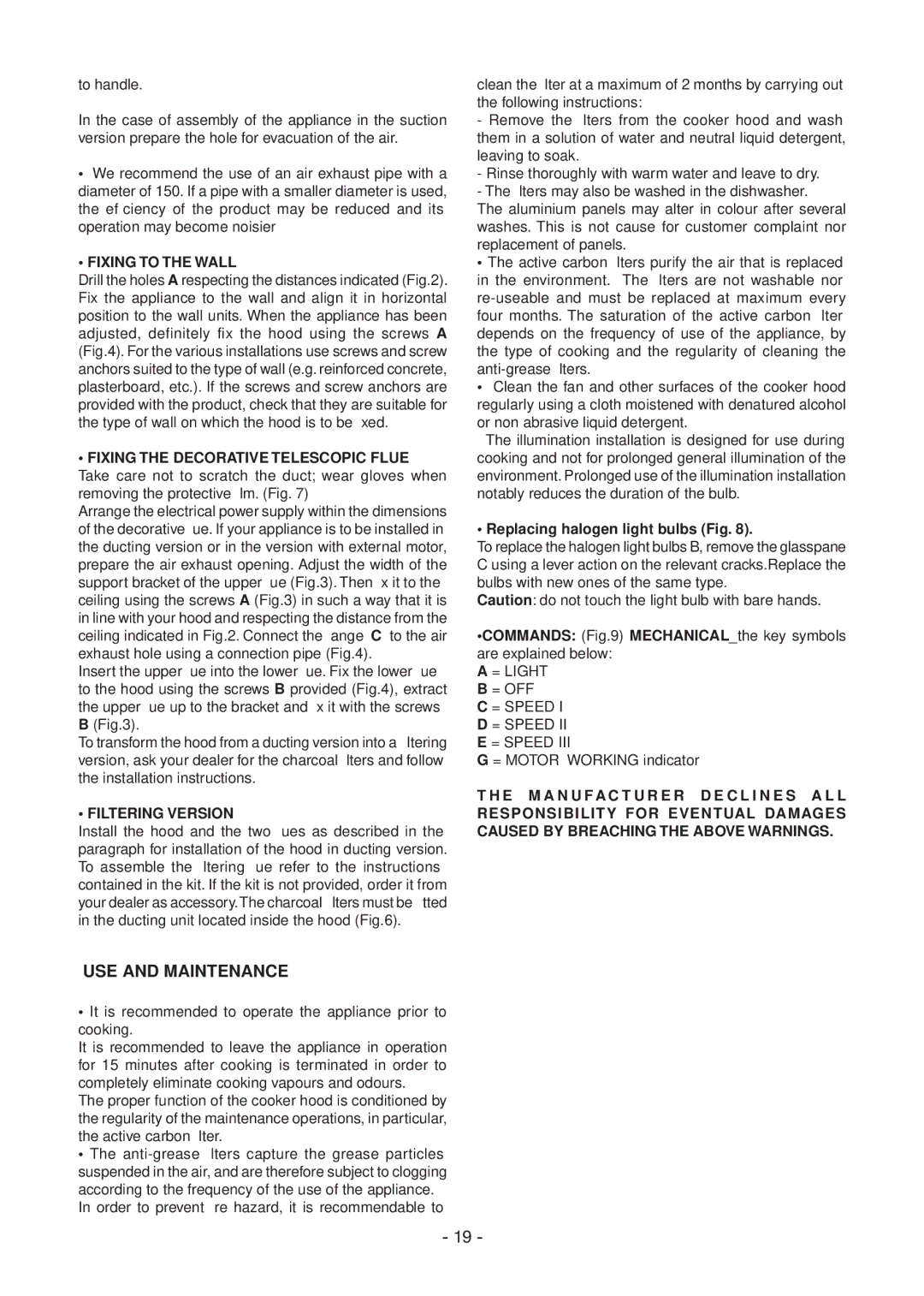 Samsung HC9247BX/XEO, HC9247BX/XEH manual USE and Maintenance, Replacing halogen light bulbs Fig 