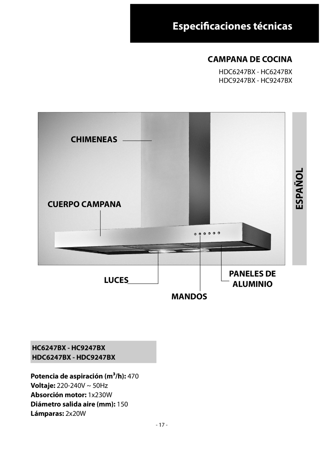 Samsung HC9347BG/XEU manual Chimeneas Cuerpo Campana Campana DE Cocina, Luces, Paneles DE Aluminio Mandos 