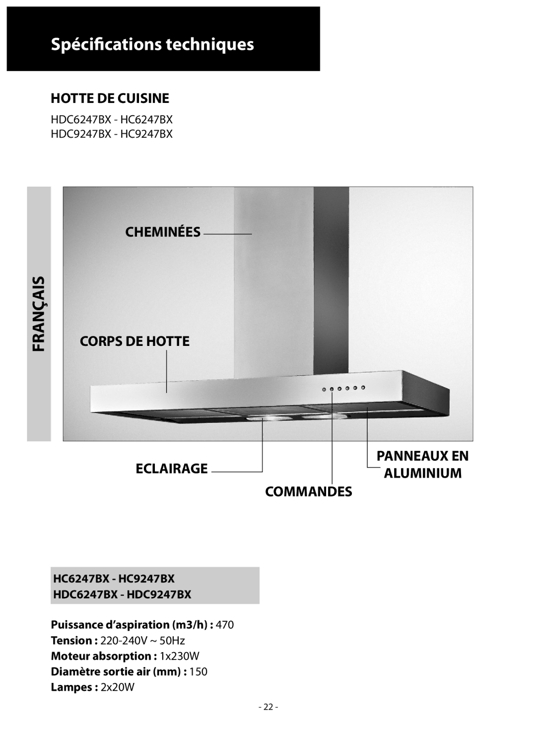 Samsung HC9347BG/XEU manual Cheminées Corps DE Hotte, Aluminium 