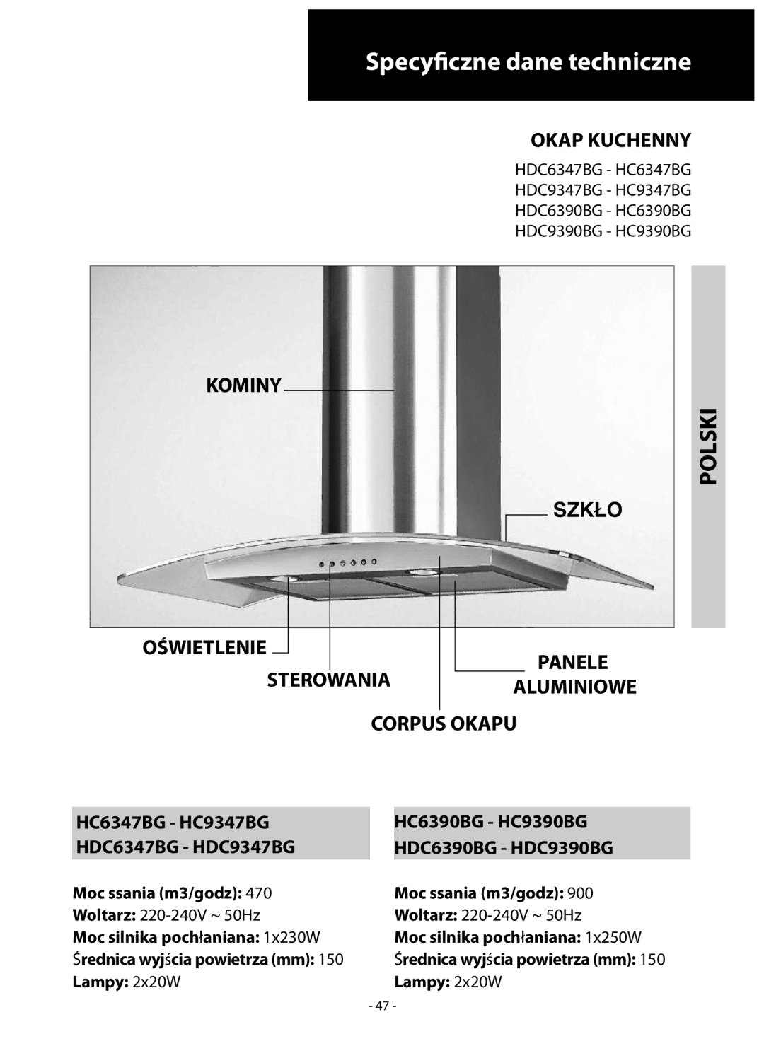 Samsung HC9347BG/XEU manual Specyficzne dane techniczne, Polski 