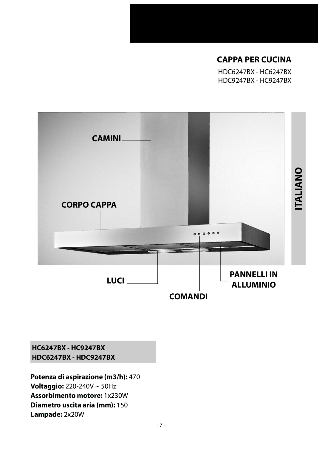 Samsung HC9347BG/XEU manual Camini Corpo Cappa Cappa PER Cucina, Pannelli Alluminio Comandi 