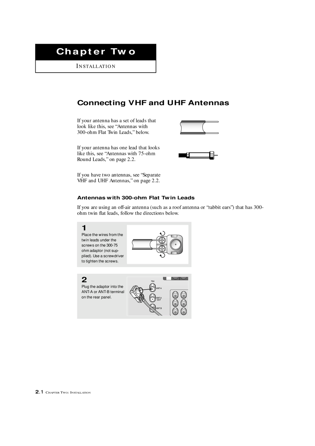 Samsung HCM4215W, HCM 422W, HCM 4216W manual Connecting VHF and UHF Antennas, Antennas with 300-ohm Flat Twin Leads 