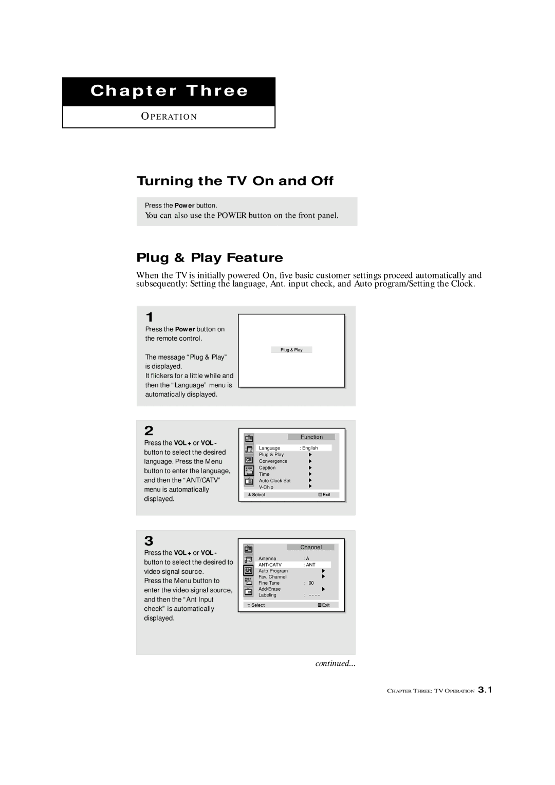 Samsung HCM4215W Turning the TV On and Off, Plug & Play Feature, You can also use the Power button on the front panel 