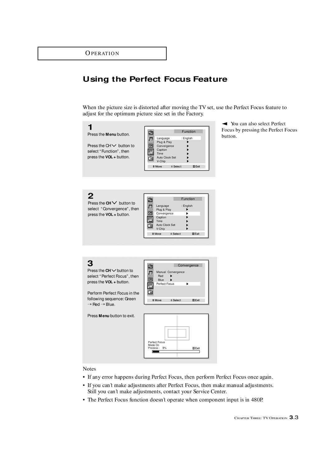 Samsung HCM 4216W Using the Perfect Focus Feature, You can also select Perfect, Focus by pressing the Perfect Focus button 