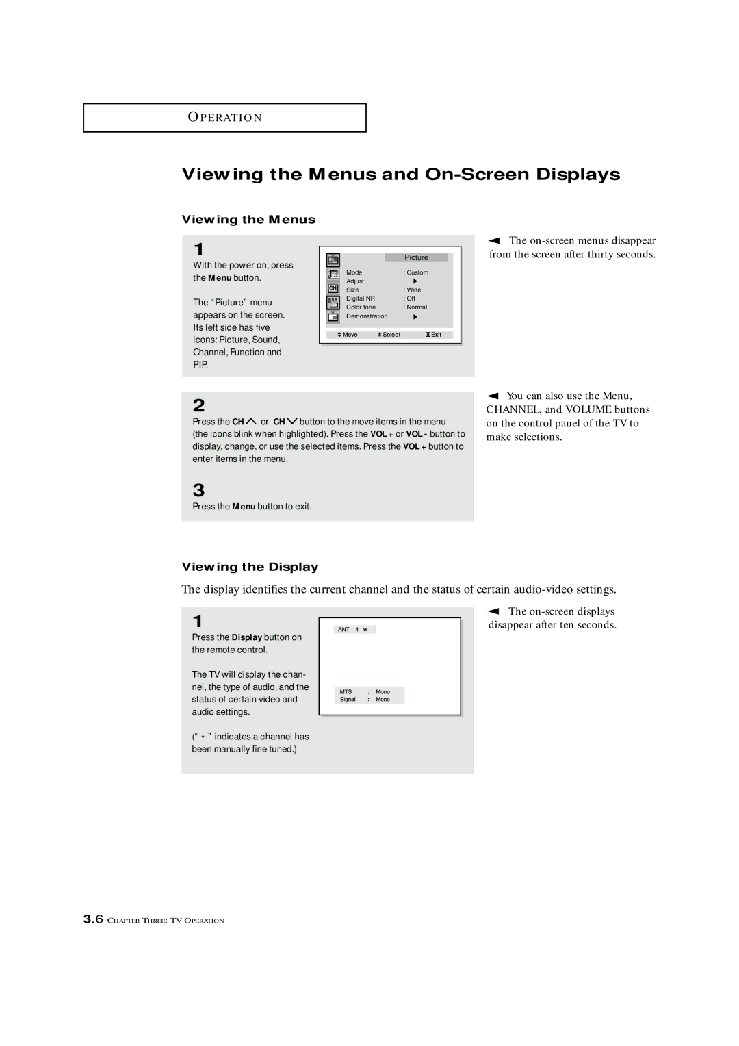 Samsung HCM 4216W, HCM 422W, HCM4215W manual Viewing the Menus and On-Screen Displays, Viewing the Display 