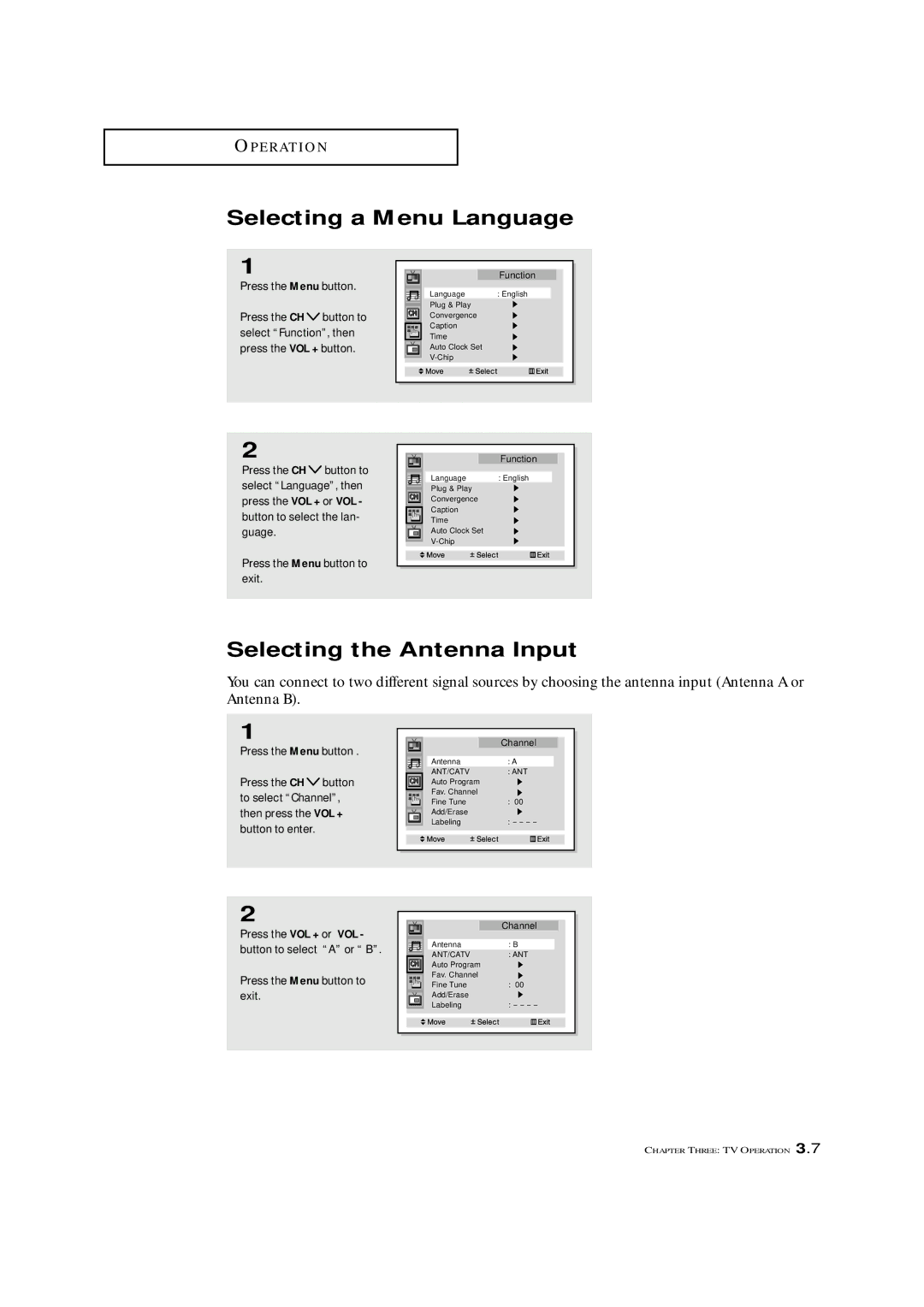 Samsung HCM4215W, HCM 422W, HCM 4216W manual Selecting a Menu Language, Selecting the Antenna Input 