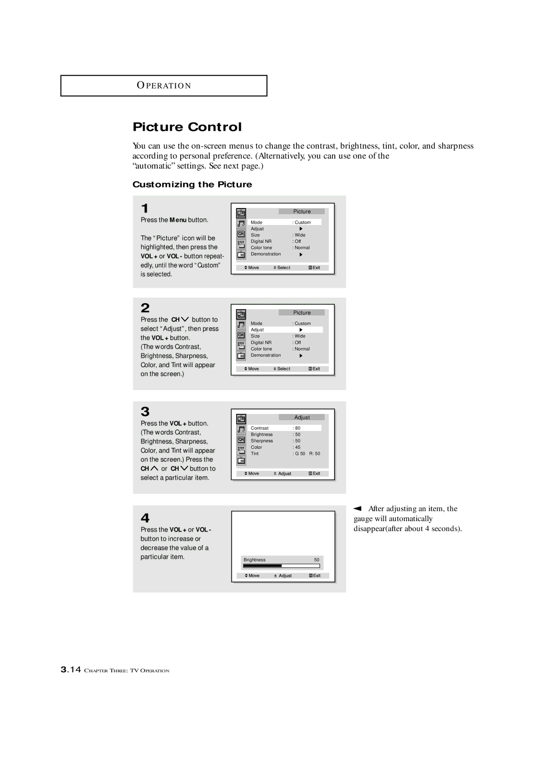 Samsung HCM 422W, HCM 4216W, HCM4215W manual Picture Control, Customizing the Picture, After adjusting an item 