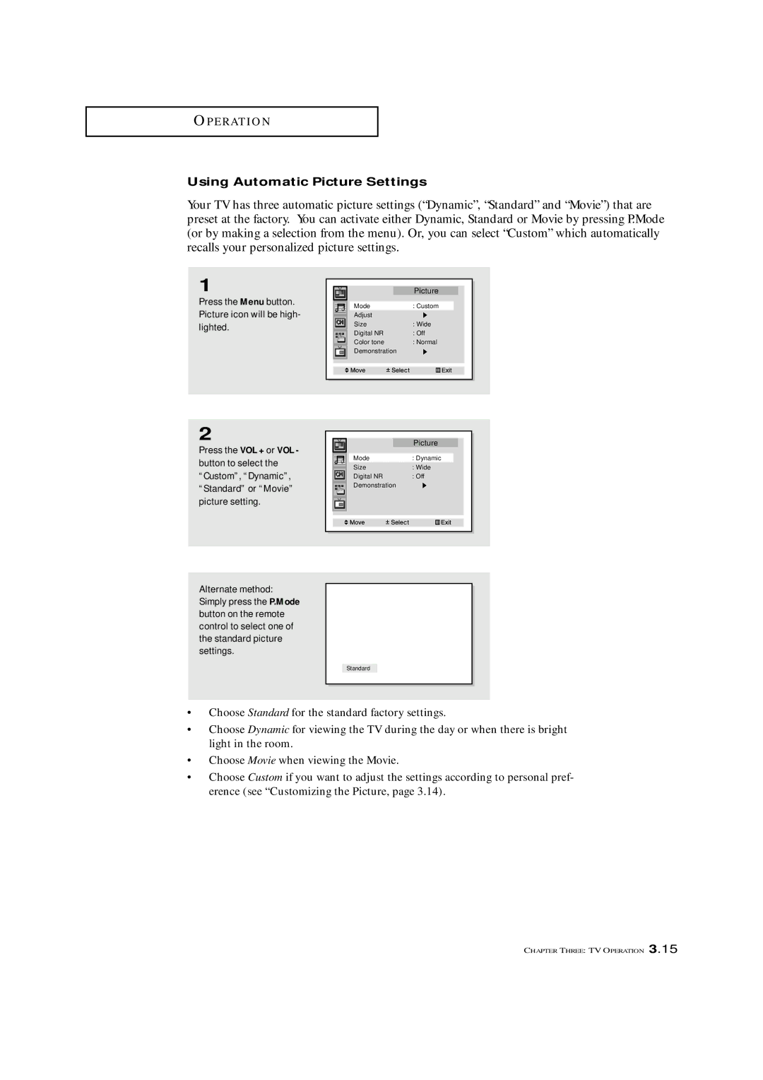 Samsung HCM 4216W, HCM 422W Using Automatic Picture Settings, Press the Menu button. Picture icon will be high- lighted 