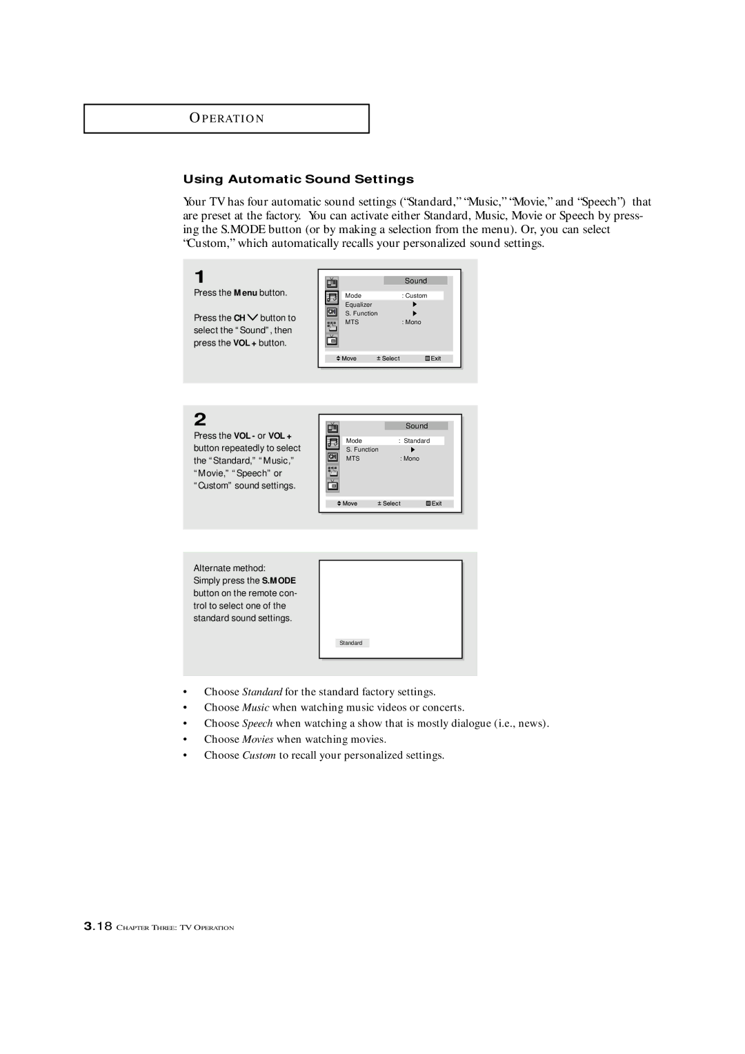 Samsung HCM 4216W, HCM 422W, HCM4215W manual Using Automatic Sound Settings 