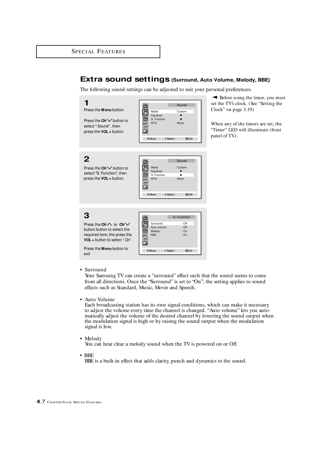 Samsung HCM4215W, HCM 422W, HCM 4216W manual Extra sound settings Surround, Auto Volume, Melody, BBE 
