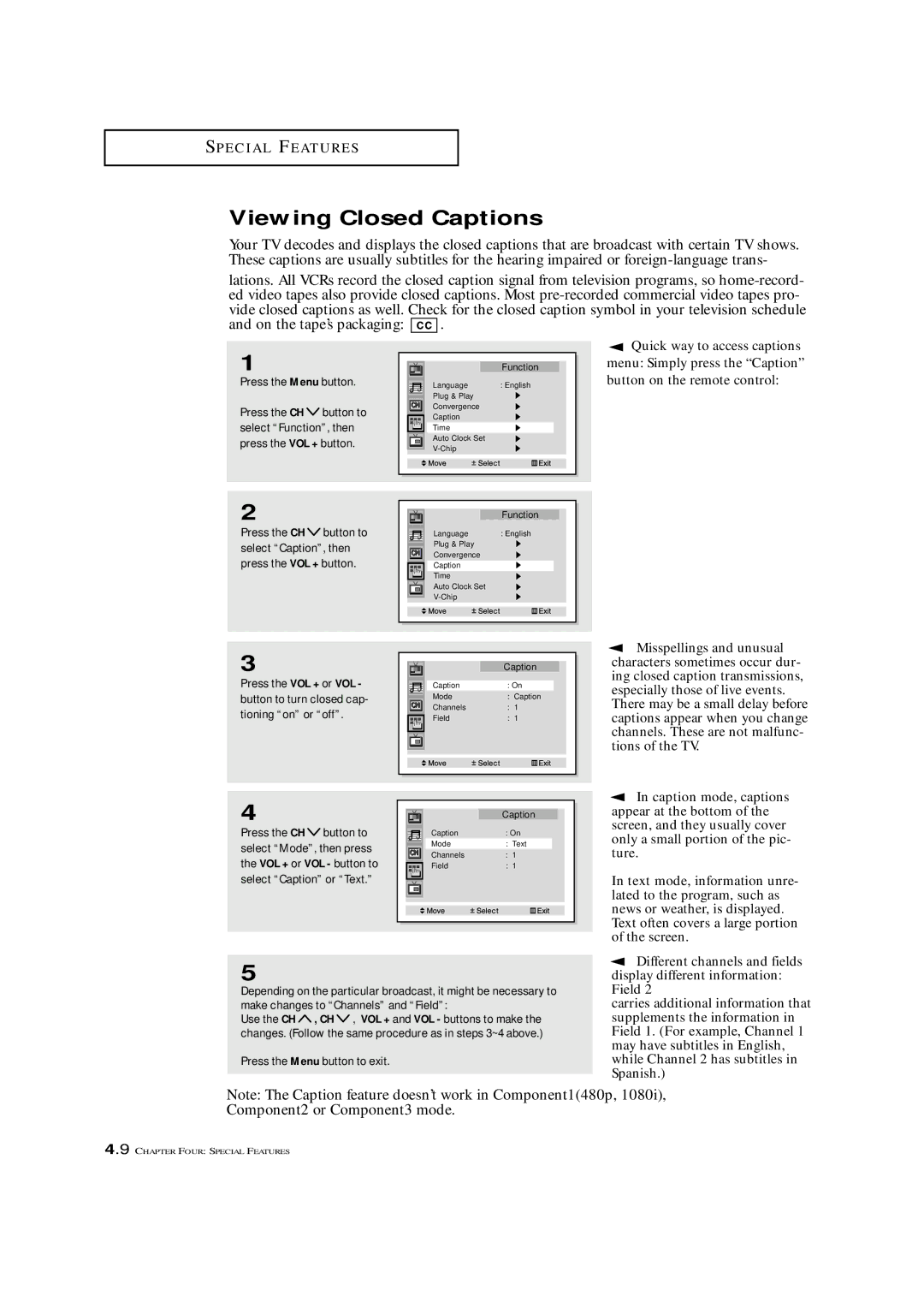 Samsung HCM 4216W Viewing Closed Captions, Different channels and fields, Select Mode, then press, Select Caption or Text 