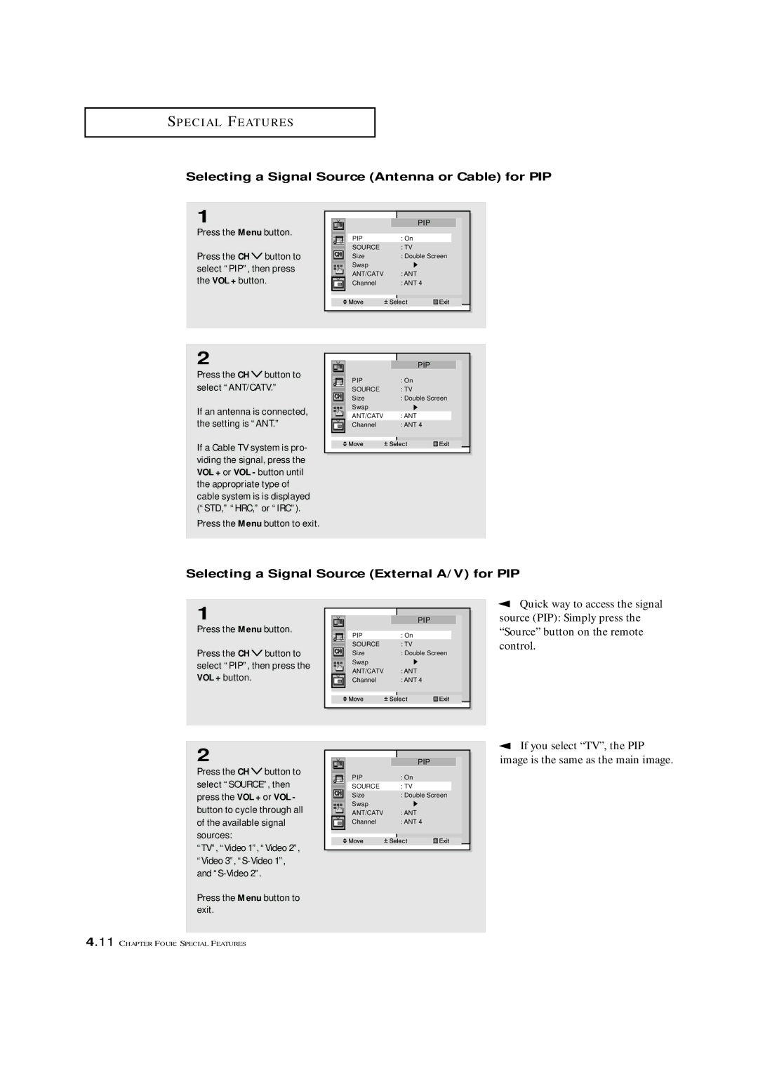 Samsung HCM 422W manual Selecting a Signal Source Antenna or Cable for PIP, Selecting a Signal Source External A/V for PIP 