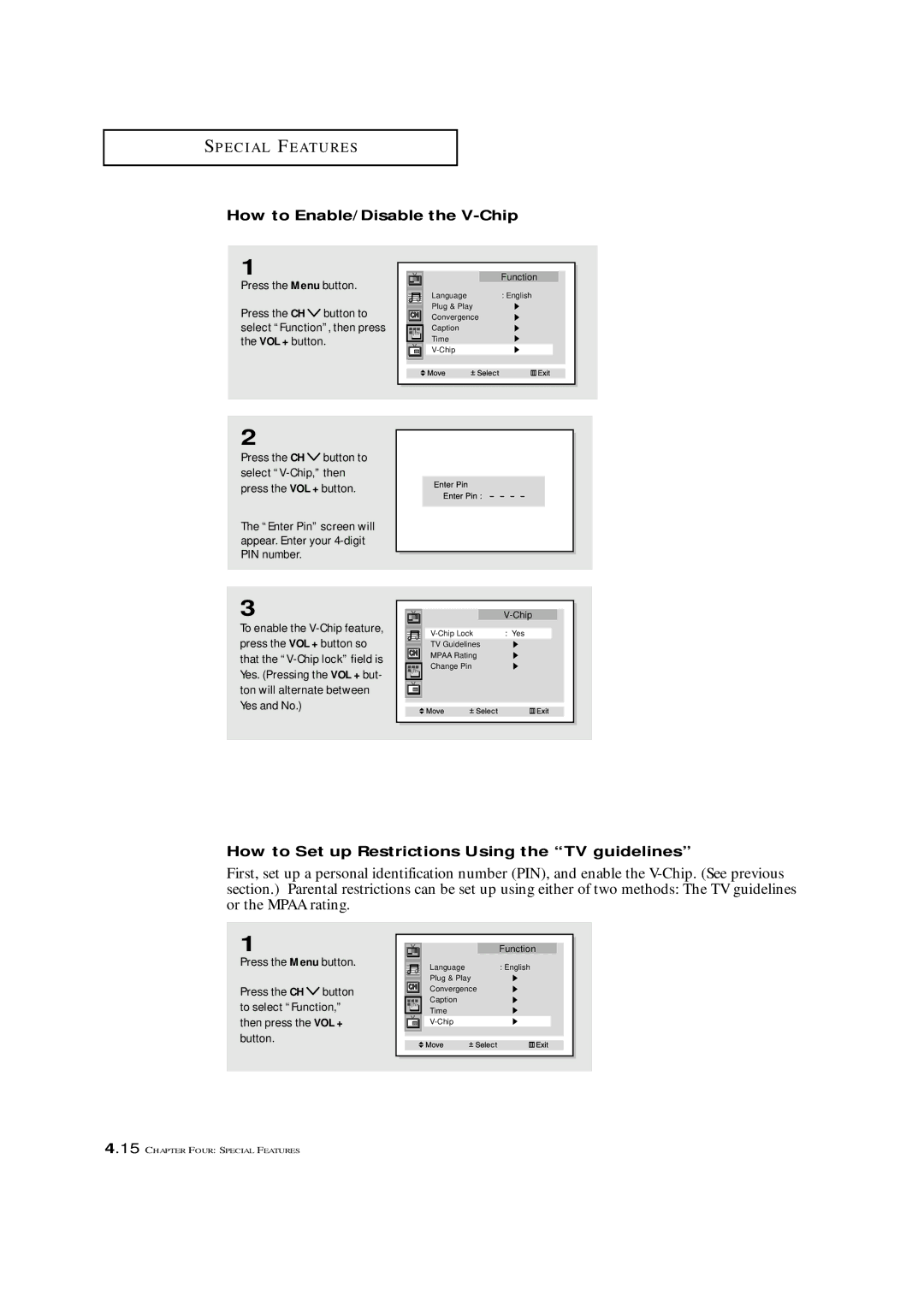 Samsung HCM 4216W, HCM 422W, HCM4215W How to Enable/Disable the V-Chip, How to Set up Restrictions Using the TV guidelines 