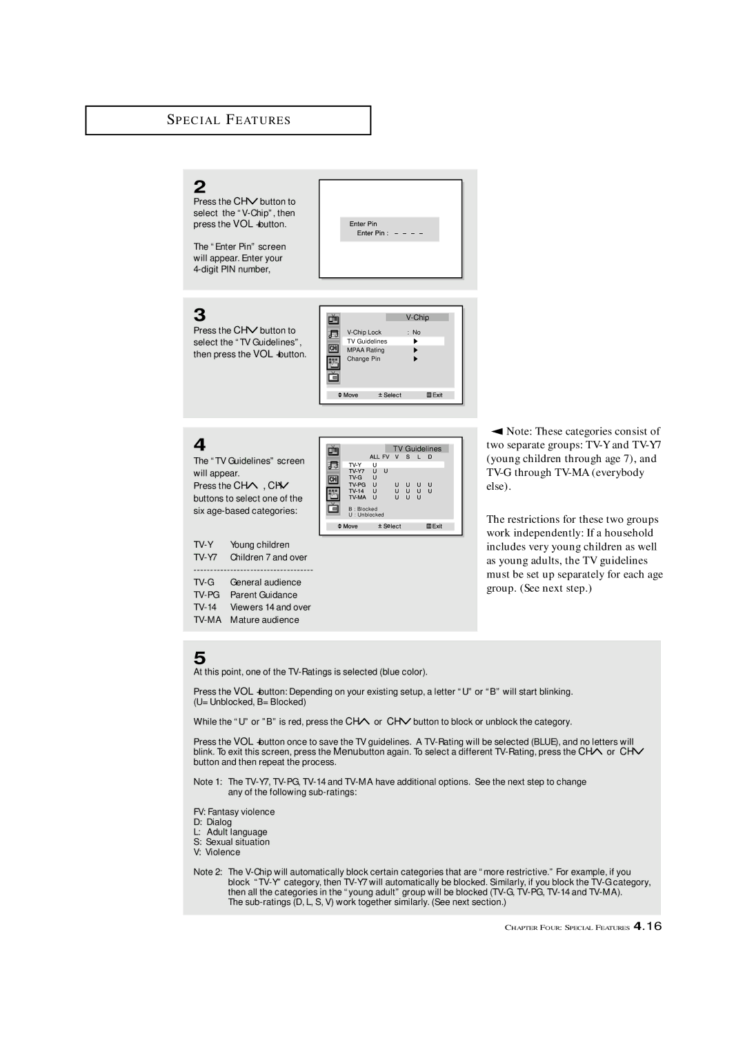 Samsung HCM4215W, HCM 422W TV Guidelines screen will appear, General audience, Parent Guidance, TV-14, Mature audience 