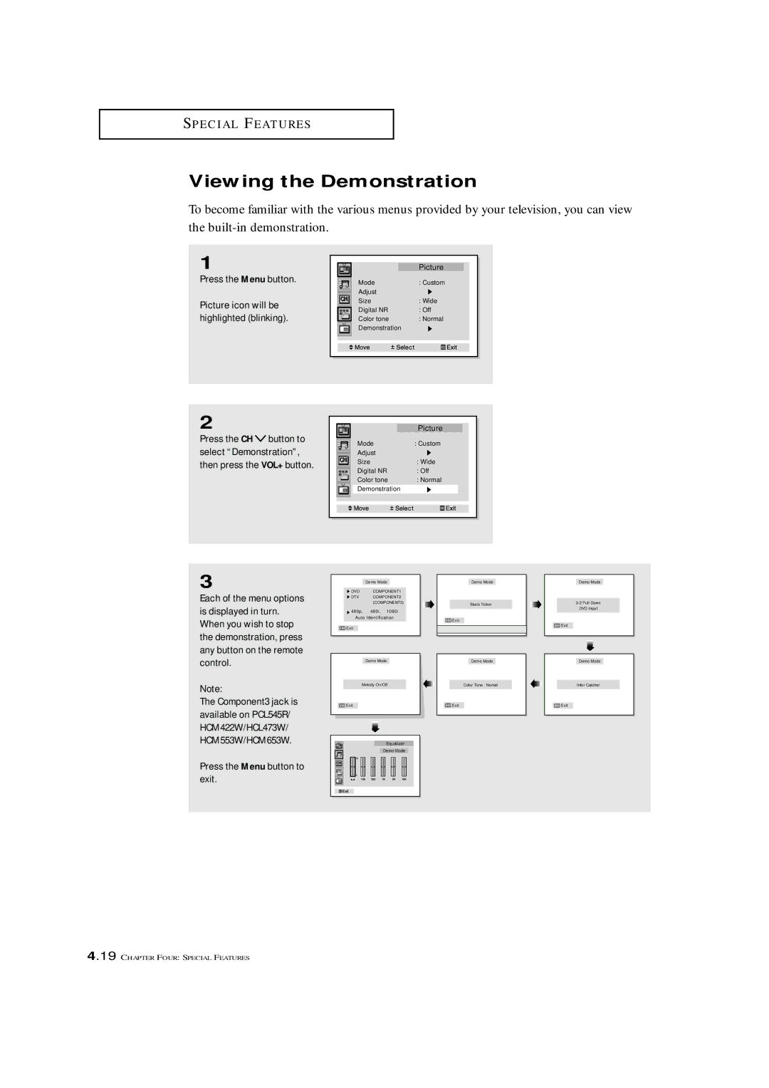 Samsung HCM4215W, HCM 422W Viewing the Demonstration, Picture icon will be, Highlighted blinking, Select Demonstration 